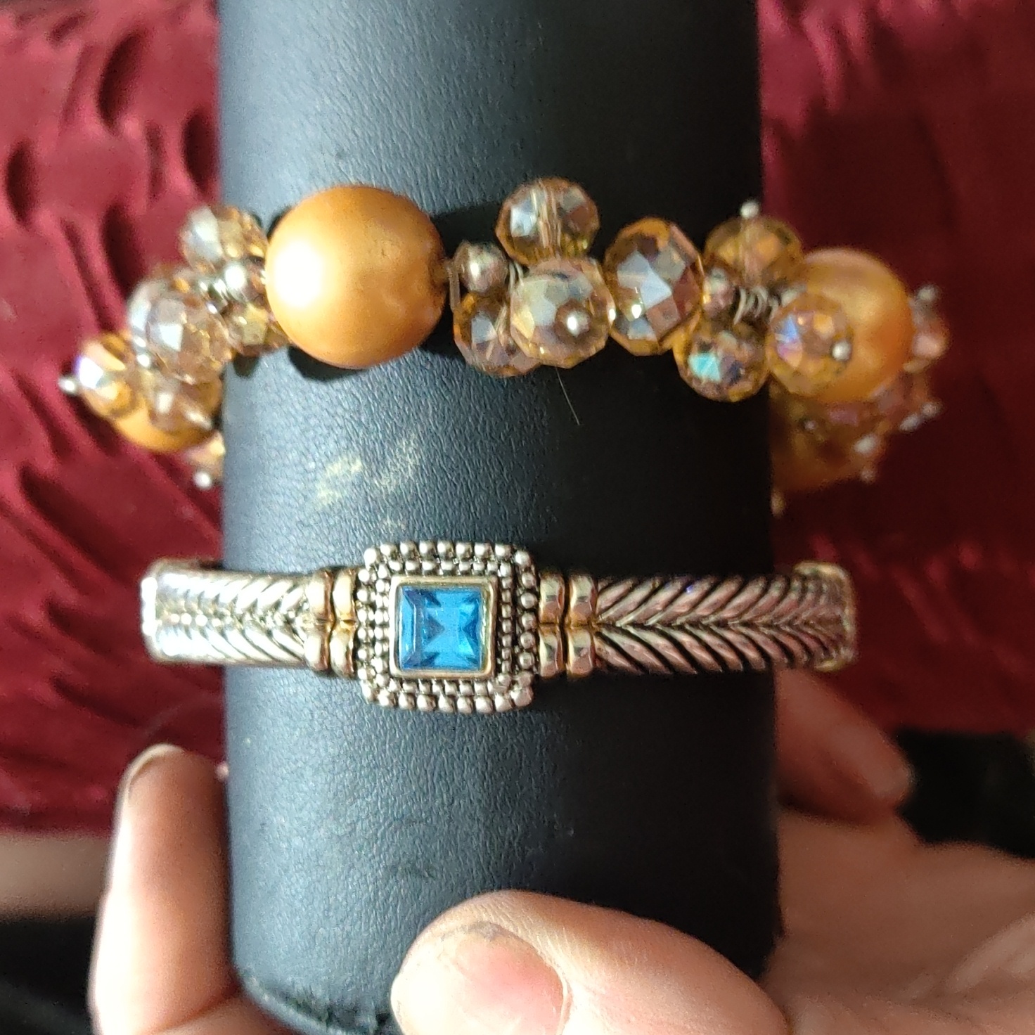 Blue Topaz Sterling Gold Trim Cuff Bracelet, Thailand 925 & Stretch Bracelet